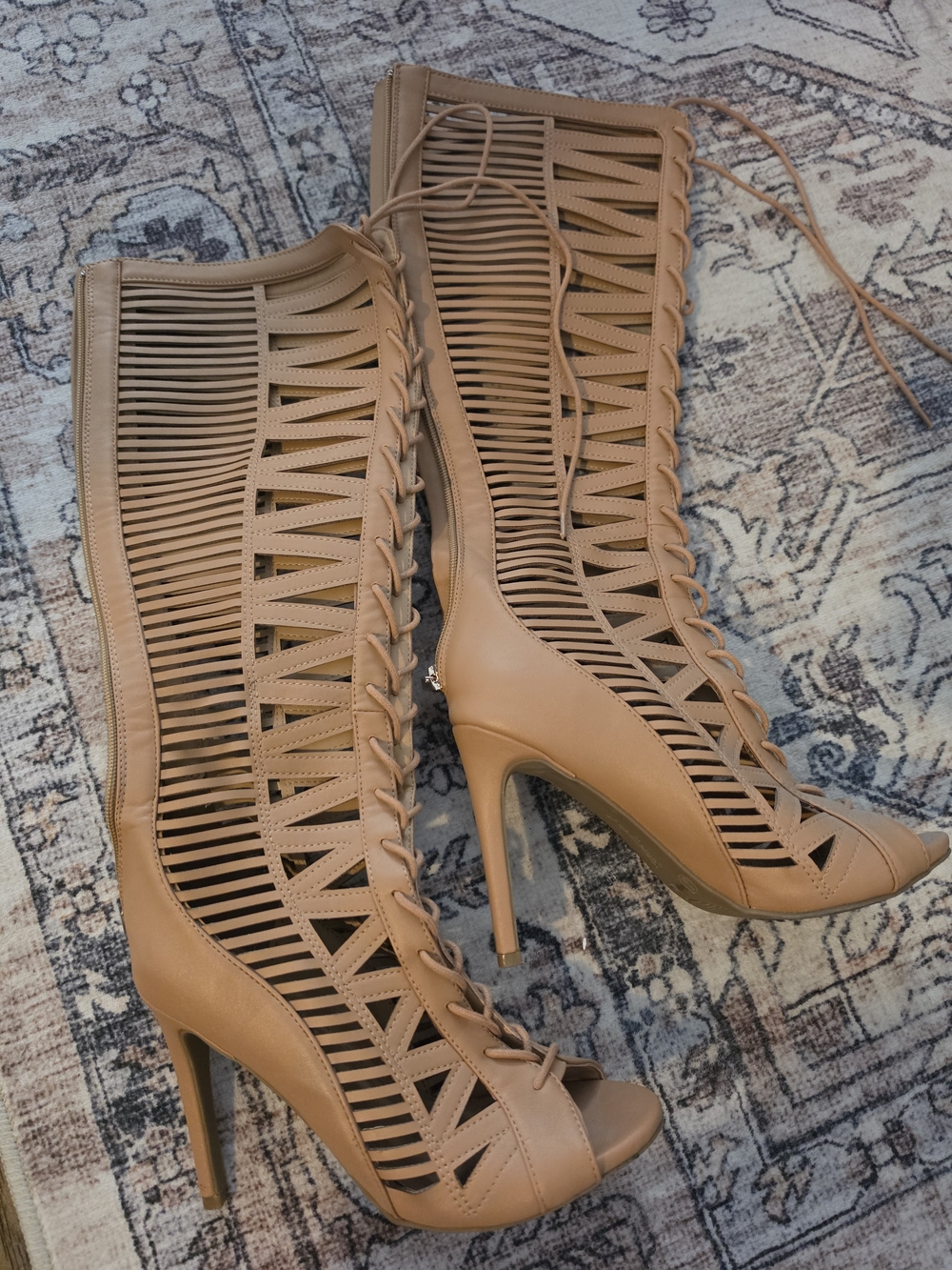 Anne Michelle Tan Lace-Up Cutout Knee-High Heeled Boots - Picture 2 of 3